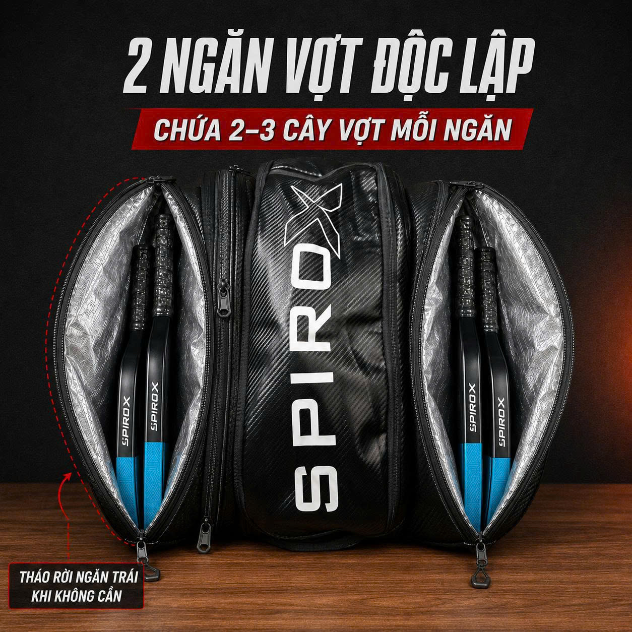 Túi Thể Thao Pickleball Spirox Carbon Tour Chính Hãng - Ngăn Đựng Vợt Riêng - Siêu Bền - Dung Tích Rộng Rãi